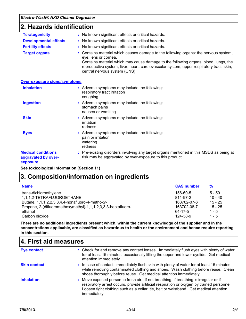 Hazards identification, Composition/information on ingredients, First aid measures | Chemtronics Electro-Wash NXO ES1607 User Manual | Page 2 / 11