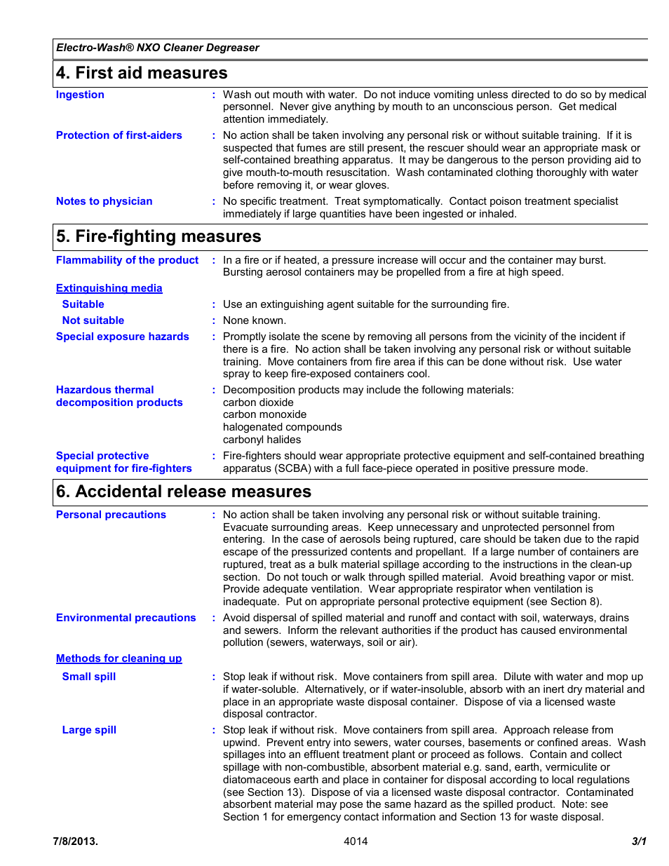 First aid measures, Fire-fighting measures, Accidental release measures | Chemtronics Electro-Wash NXO ES1607 User Manual | Page 3 / 11