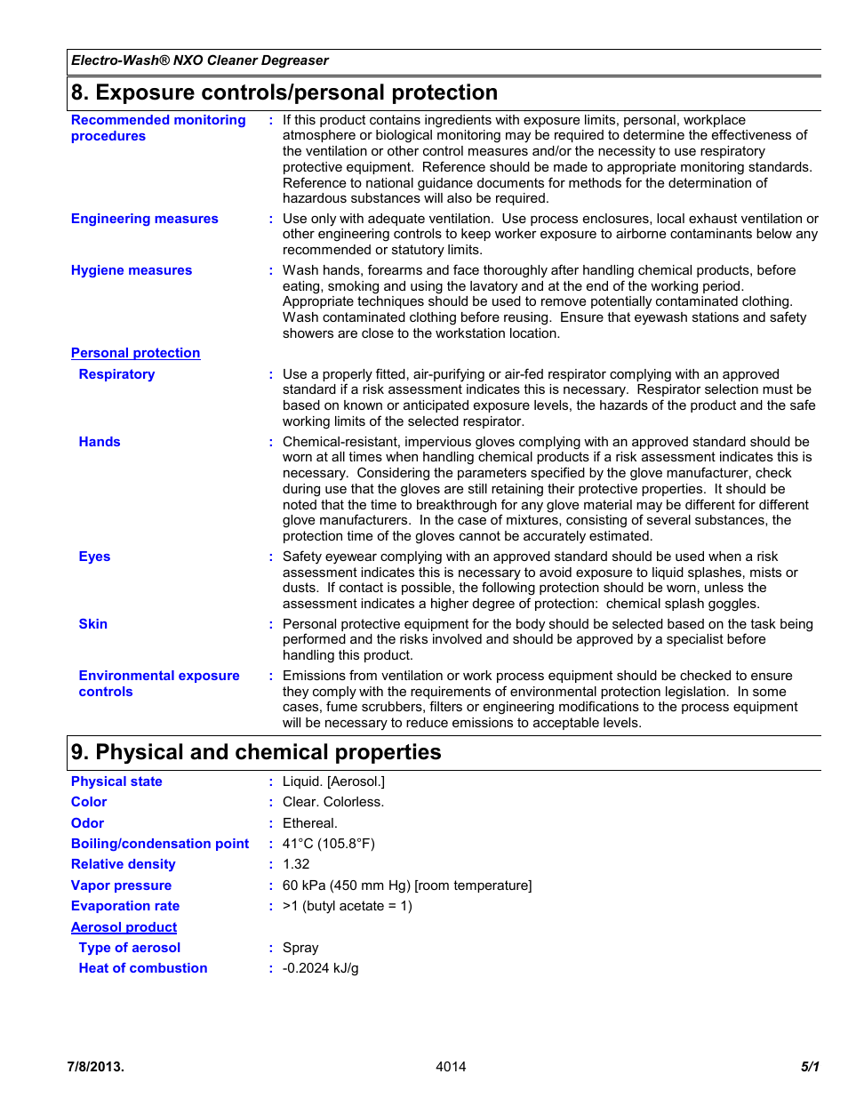 Exposure controls/personal protection, Physical and chemical properties | Chemtronics Electro-Wash NXO ES1607 User Manual | Page 5 / 11