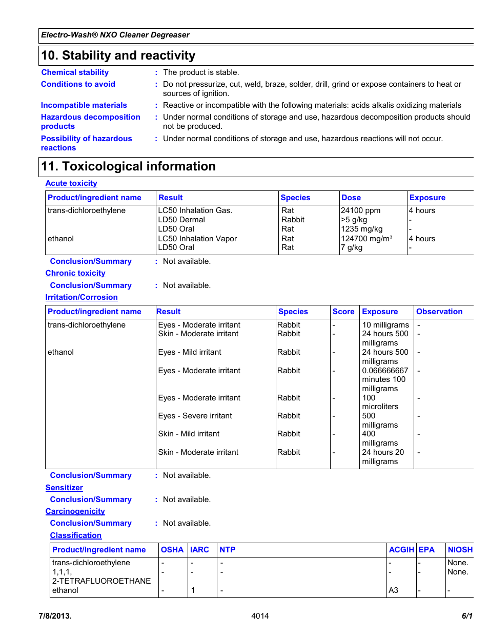 Stability and reactivity, Toxicological information | Chemtronics Electro-Wash NXO ES1607 User Manual | Page 6 / 11