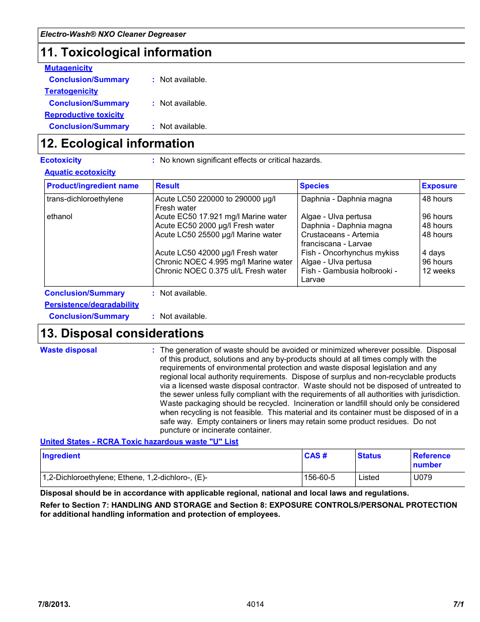 Toxicological information, Ecological information, Disposal considerations | Chemtronics Electro-Wash NXO ES1607 User Manual | Page 7 / 11