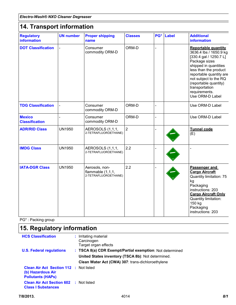Transport information, Regulatory information | Chemtronics Electro-Wash NXO ES1607 User Manual | Page 8 / 11