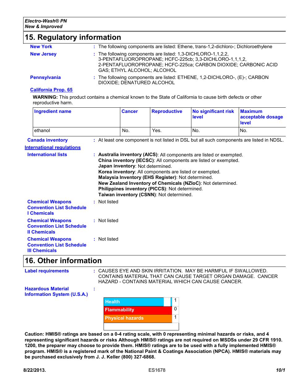 Regulatory information, Other information | Chemtronics Electro-Wash PN ES1678 User Manual | Page 10 / 11