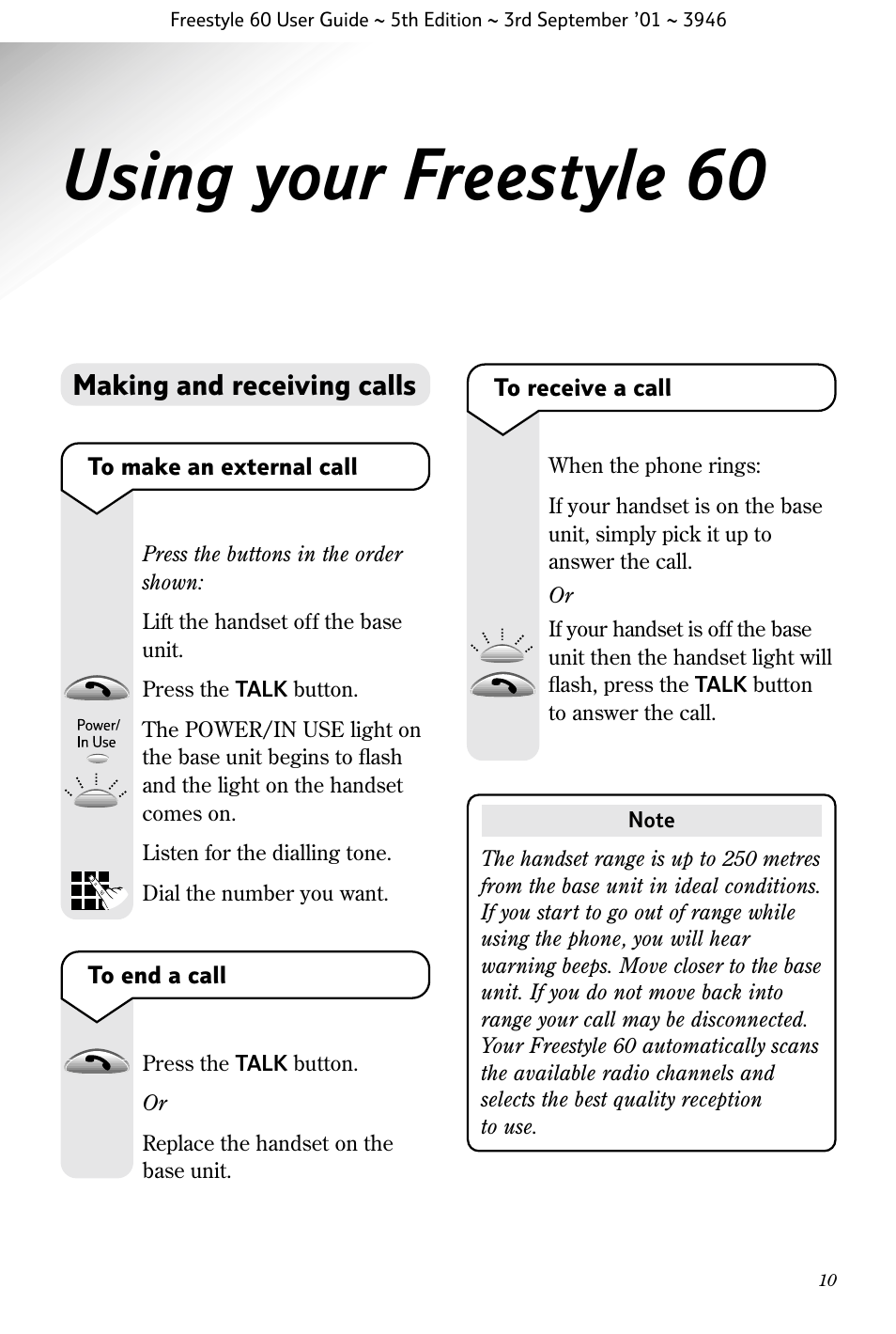 Using your freestyle 60, Making and receiving calls | BT Freestyle 60 User Manual | Page 13 / 32