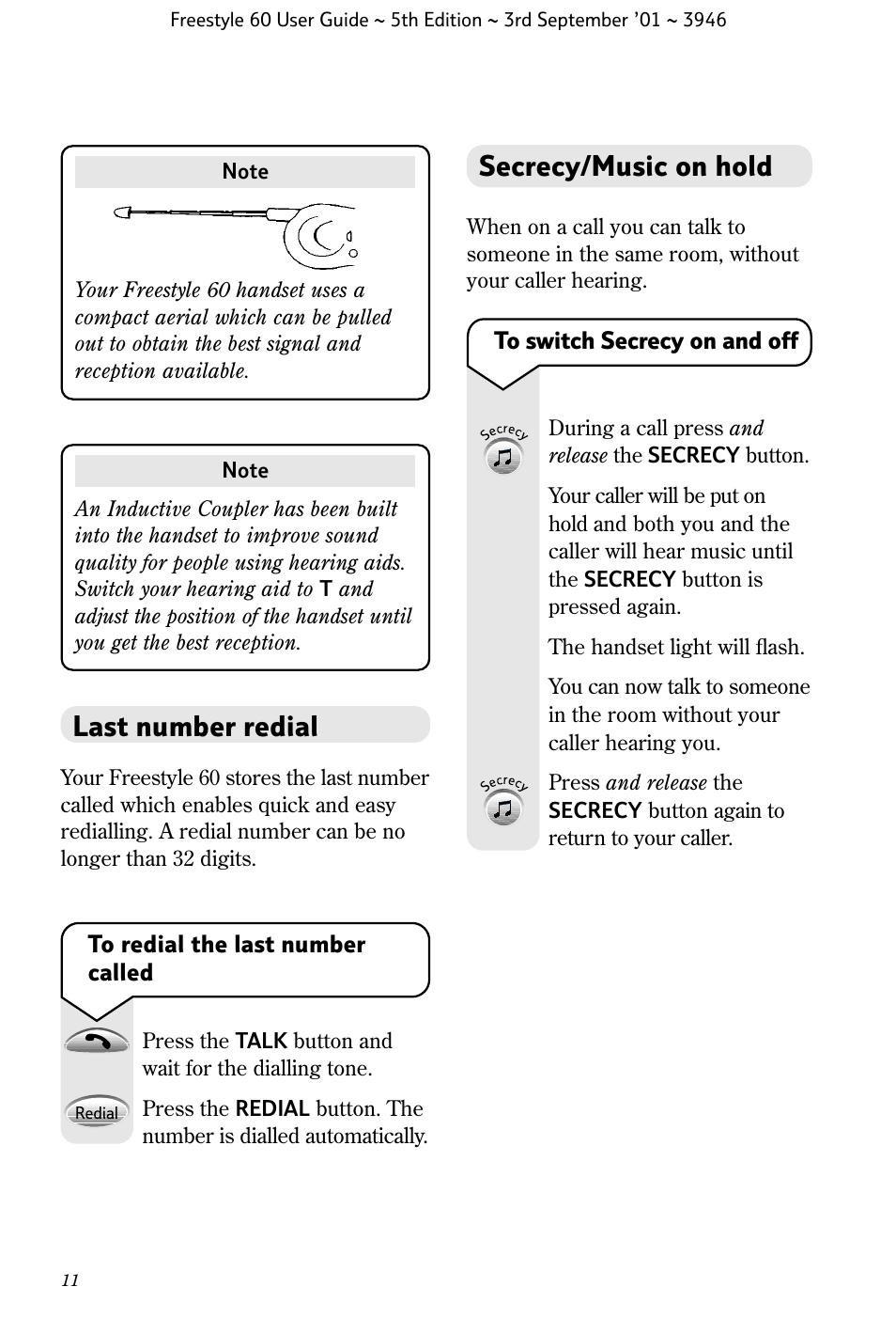 Last number redial, Secrecy/music on hold | BT Freestyle 60 User Manual | Page 14 / 32