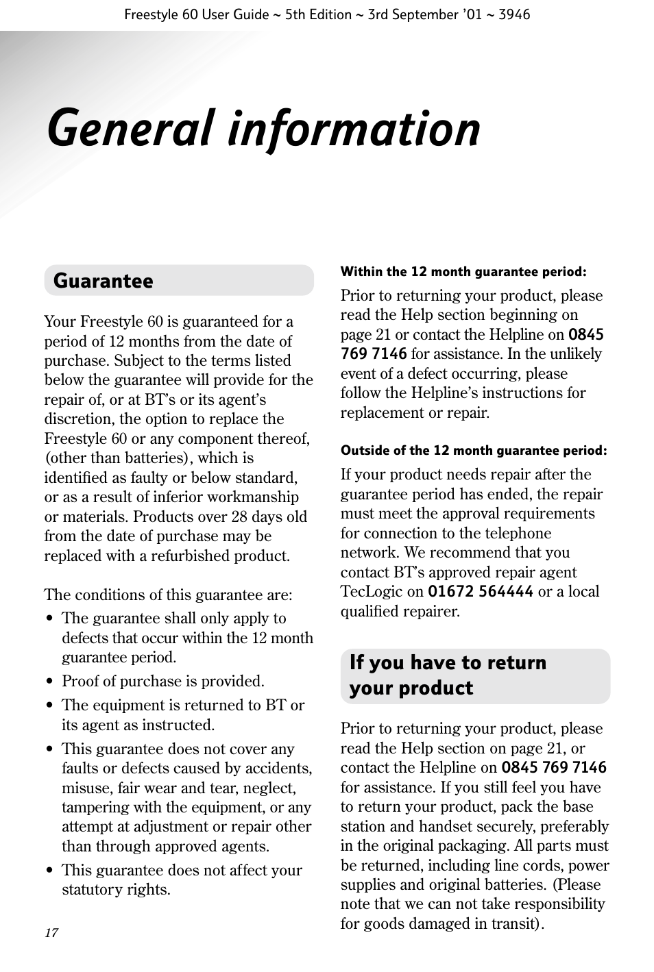 General information, Guarantee, If you have to return your product | BT Freestyle 60 User Manual | Page 20 / 32