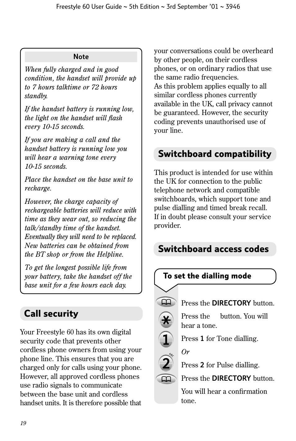 Call security, Switchboard compatibility, Switchboard access codes | BT Freestyle 60 User Manual | Page 22 / 32