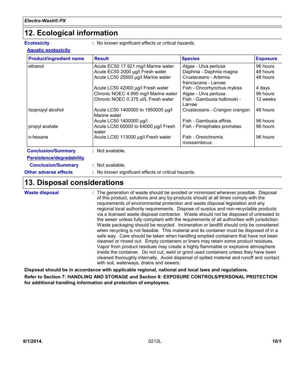 Ecological information, Disposal considerations | Chemtronics Electro-Wash PX ES110 User Manual | Page 10 / 14