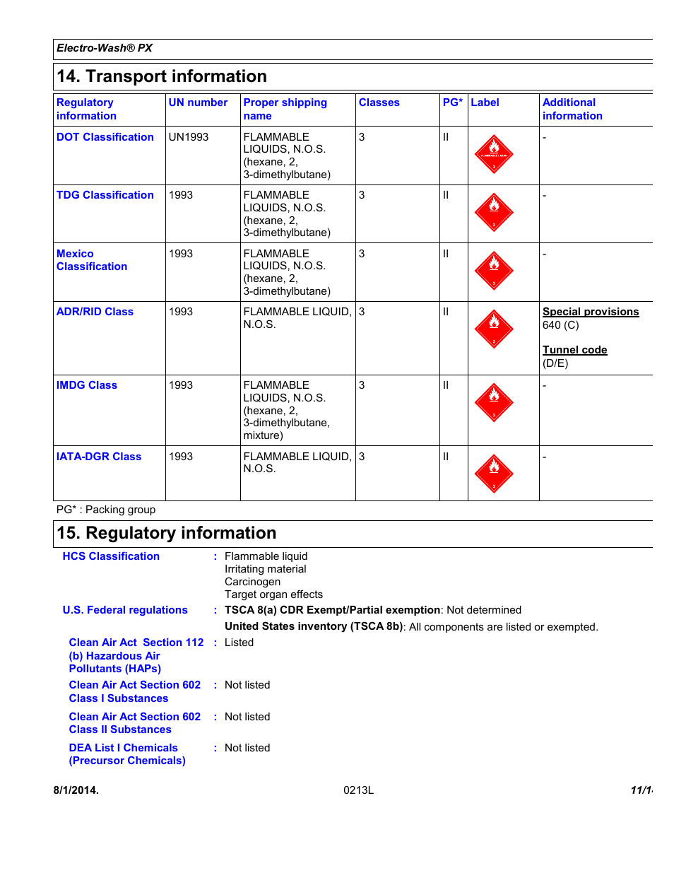 Transport information, Regulatory information | Chemtronics Electro-Wash PX ES110 User Manual | Page 11 / 14