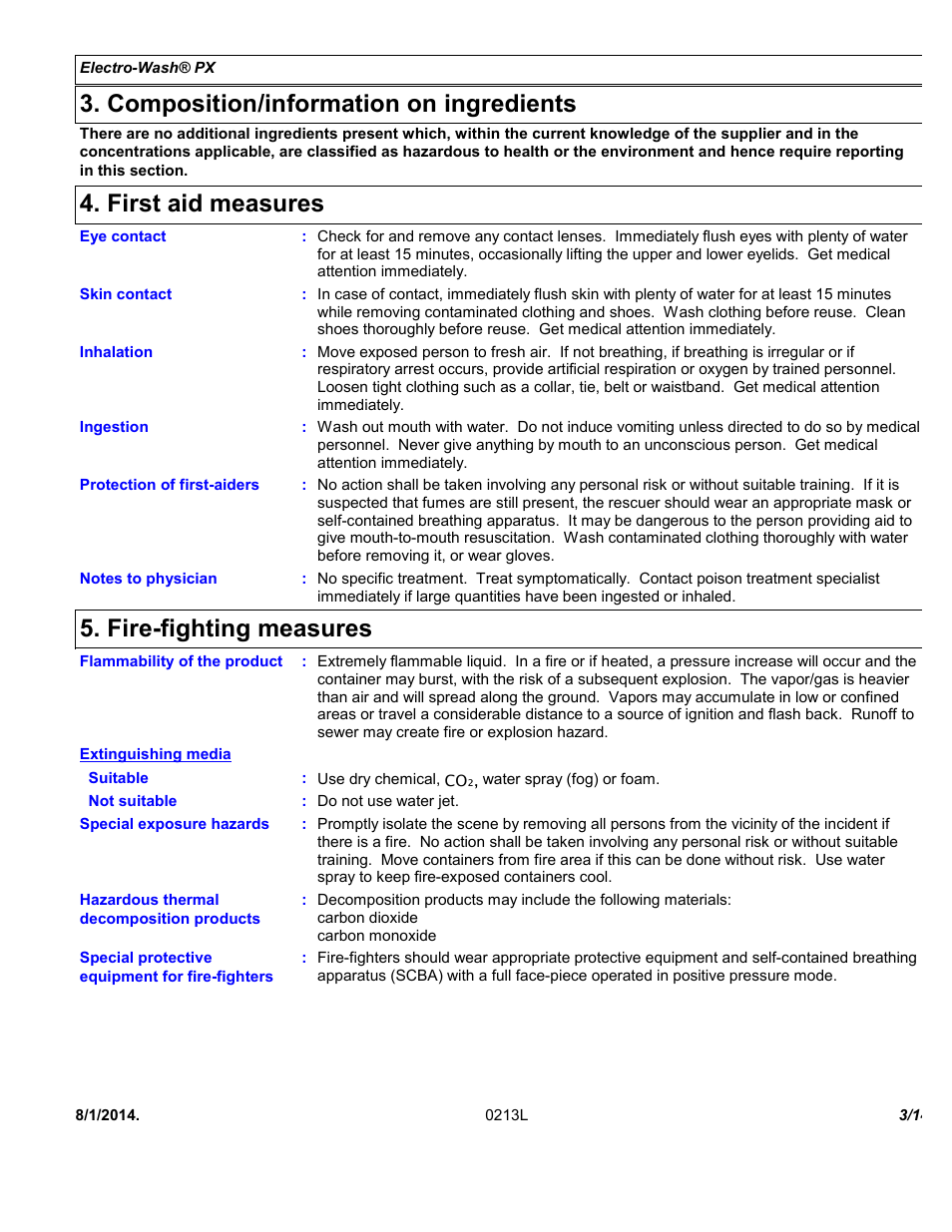 Composition/information on ingredients, First aid measures, Fire-fighting measures | Chemtronics Electro-Wash PX ES110 User Manual | Page 3 / 14