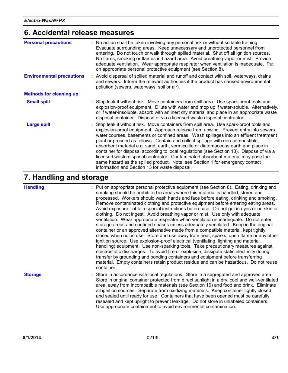 Accidental release measures, Handling and storage | Chemtronics Electro-Wash PX ES110 User Manual | Page 4 / 14