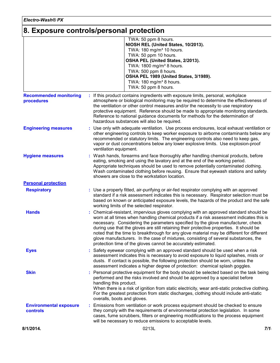 Exposure controls/personal protection | Chemtronics Electro-Wash PX ES110 User Manual | Page 7 / 14