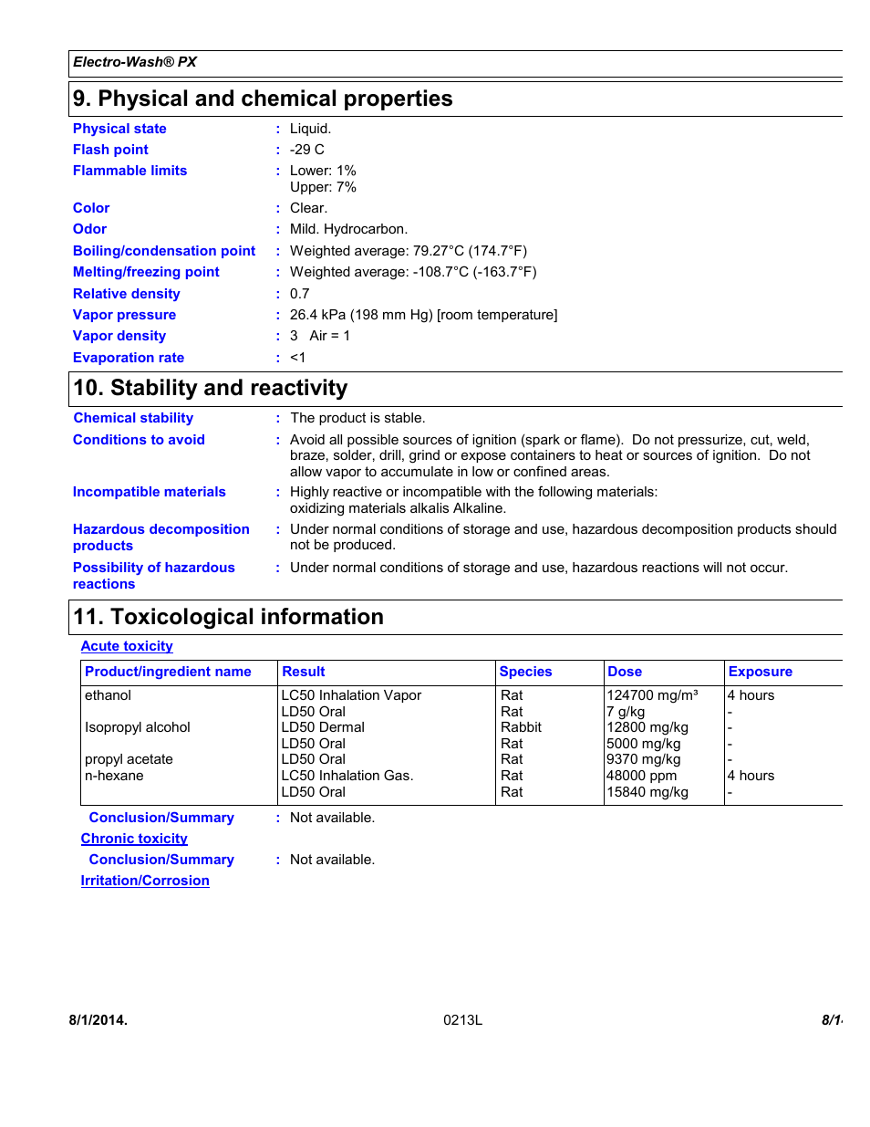 Physical and chemical properties, Stability and reactivity, Toxicological information | Chemtronics Electro-Wash PX ES110 User Manual | Page 8 / 14