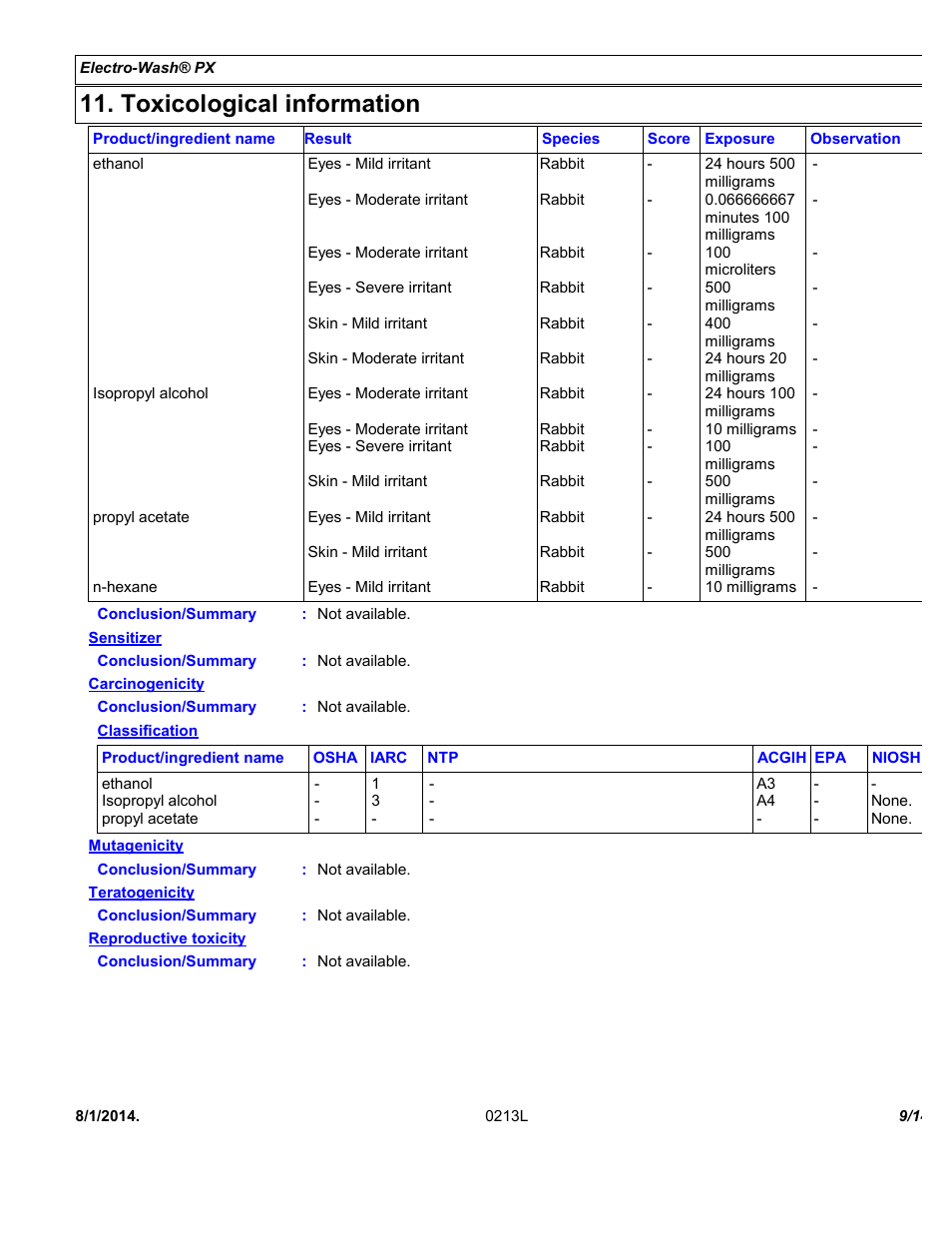 Toxicological information | Chemtronics Electro-Wash PX ES110 User Manual | Page 9 / 14