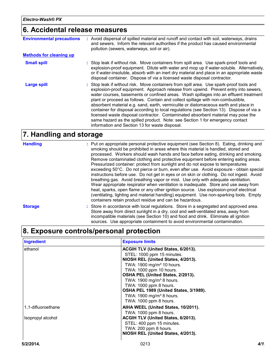 Accidental release measures, Handling and storage, Exposure controls/personal protection | Chemtronics Electro-Wash PX ES1210A User Manual | Page 4 / 12