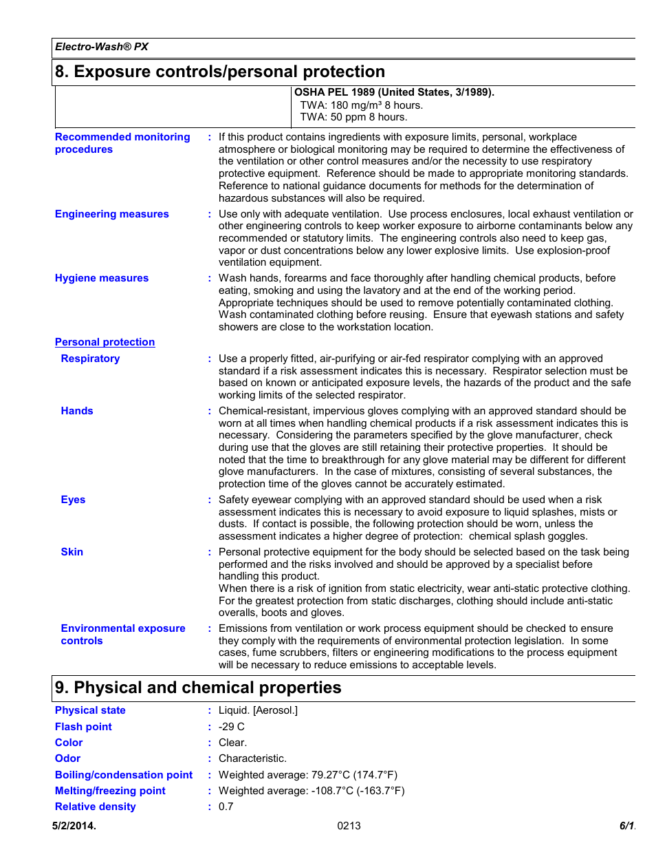 Exposure controls/personal protection, Physical and chemical properties | Chemtronics Electro-Wash PX ES1210A User Manual | Page 6 / 12