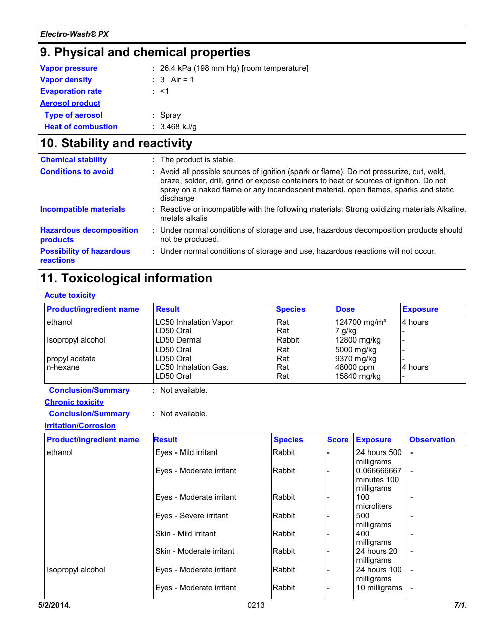 Physical and chemical properties, Stability and reactivity, Toxicological information | Chemtronics Electro-Wash PX ES1210A User Manual | Page 7 / 12