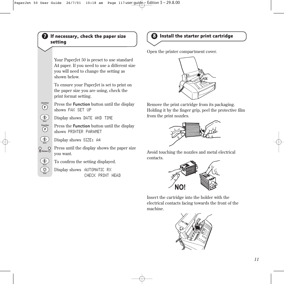 7if necessary, check the paper size setting, 8install the starter print cartridge | BT paperjet 50 User Manual | Page 13 / 56