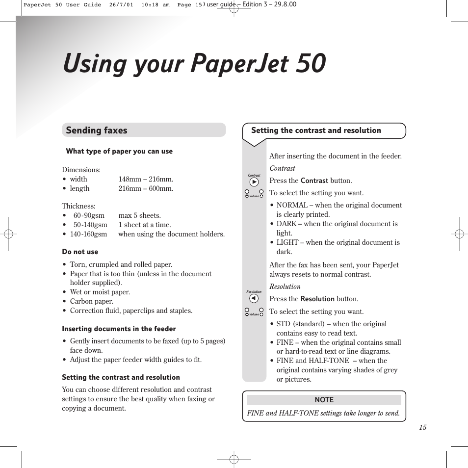 Using your paperjet 50, Sending faxes | BT paperjet 50 User Manual | Page 17 / 56