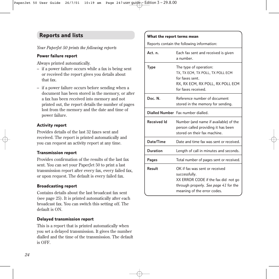 Reports and lists | BT paperjet 50 User Manual | Page 26 / 56
