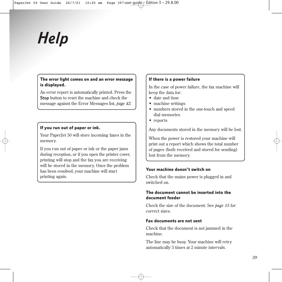 Help | BT paperjet 50 User Manual | Page 41 / 56