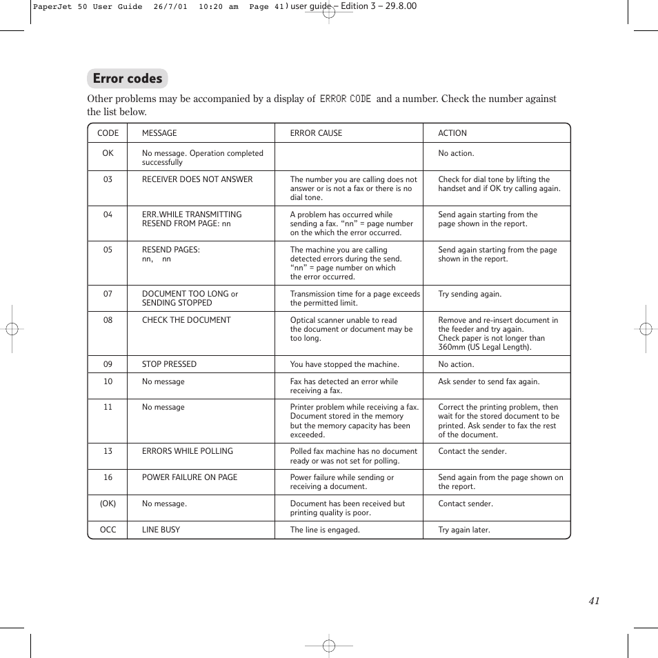 Error codes, Error code | BT paperjet 50 User Manual | Page 43 / 56