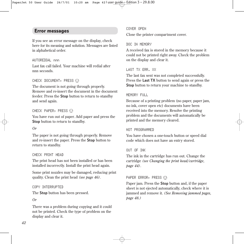 Error messages | BT paperjet 50 User Manual | Page 44 / 56