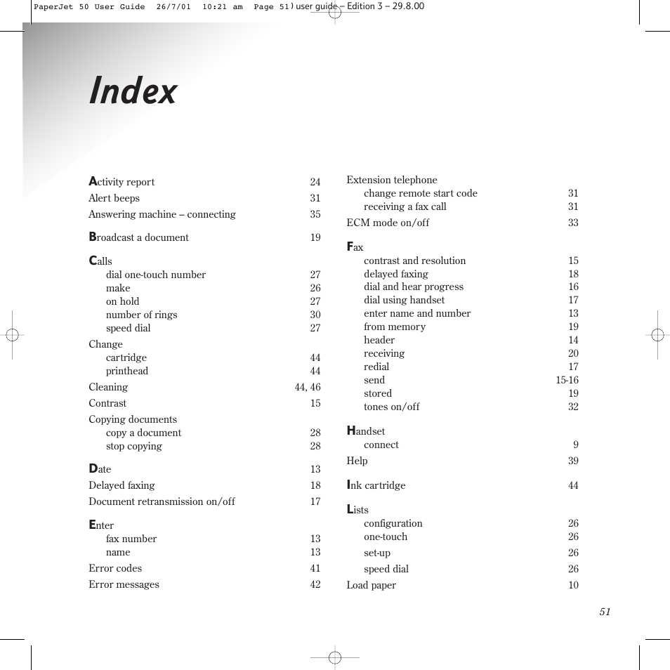 Index | BT paperjet 50 User Manual | Page 53 / 56
