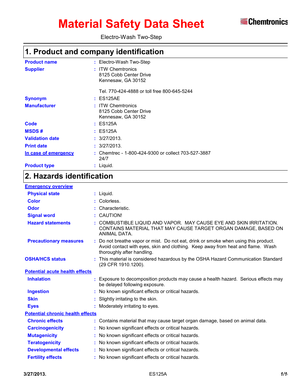 Chemtronics Electro-Wash Two Step ES125A User Manual | 10 pages