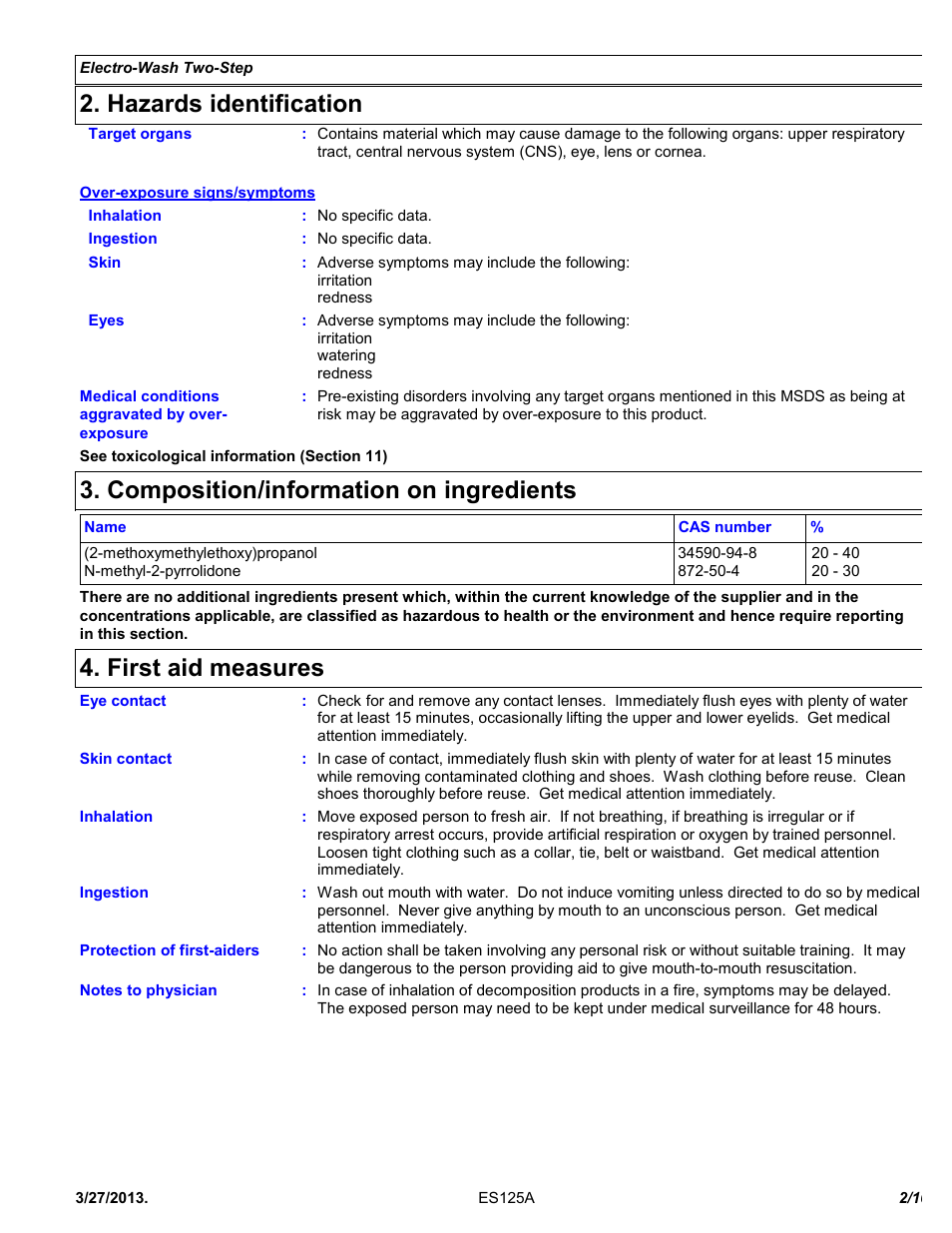 Hazards identification, Composition/information on ingredients, First aid measures | Chemtronics Electro-Wash Two Step ES125A User Manual | Page 2 / 10
