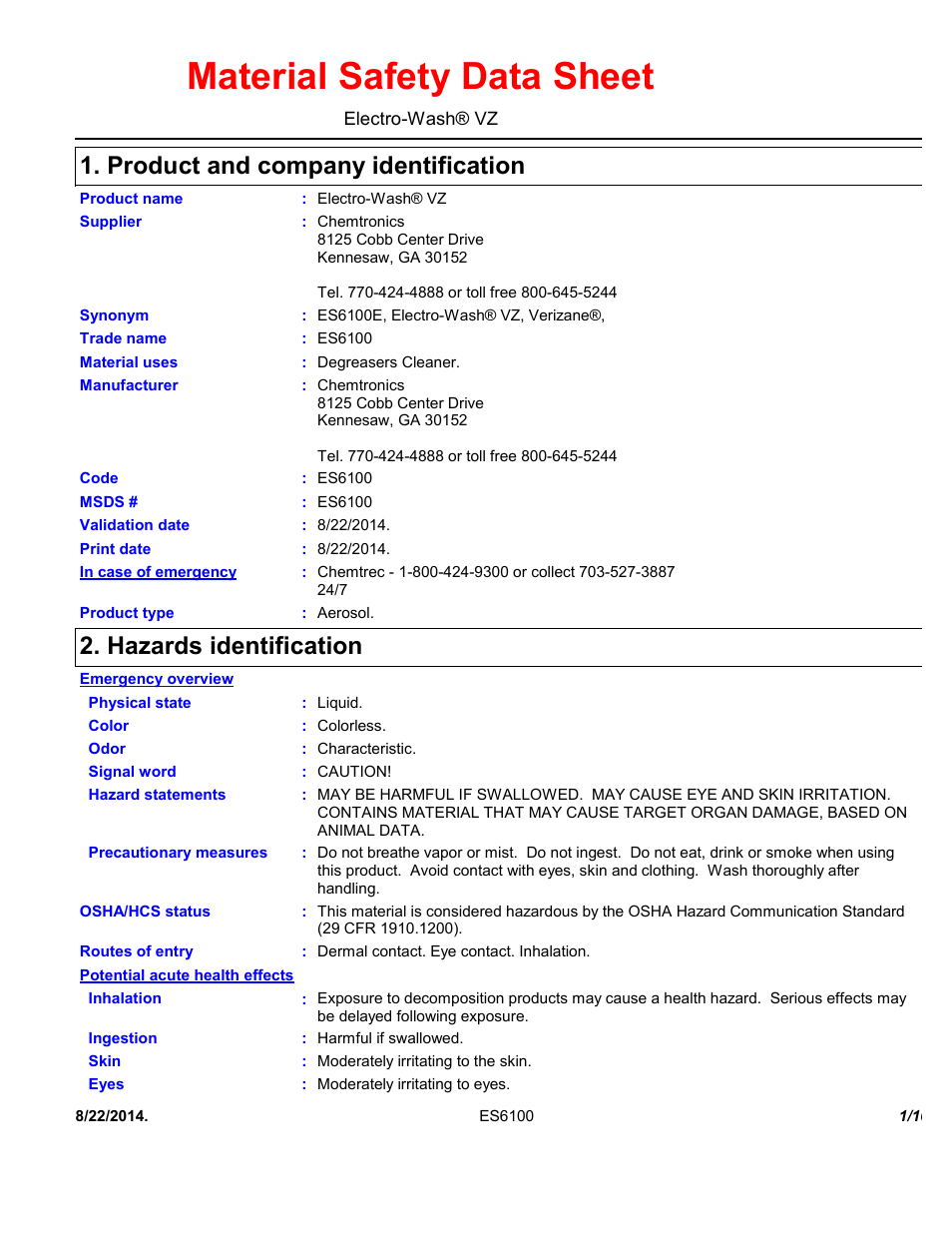 Chemtronics Electro-Wash VZ ES6100 User Manual | 10 pages