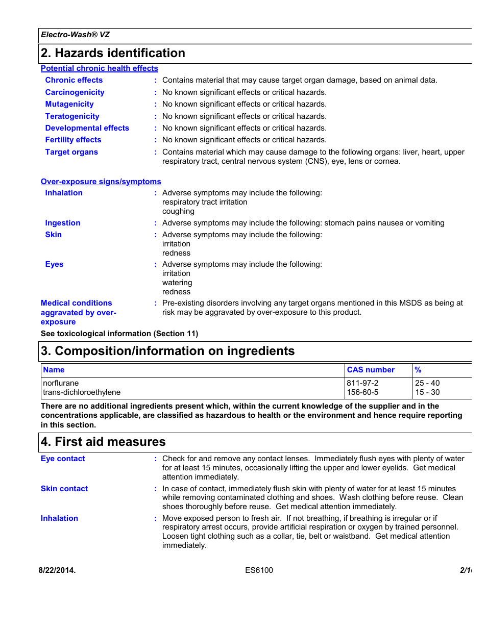 Hazards identification, Composition/information on ingredients, First aid measures | Chemtronics Electro-Wash VZ ES6100 User Manual | Page 2 / 10