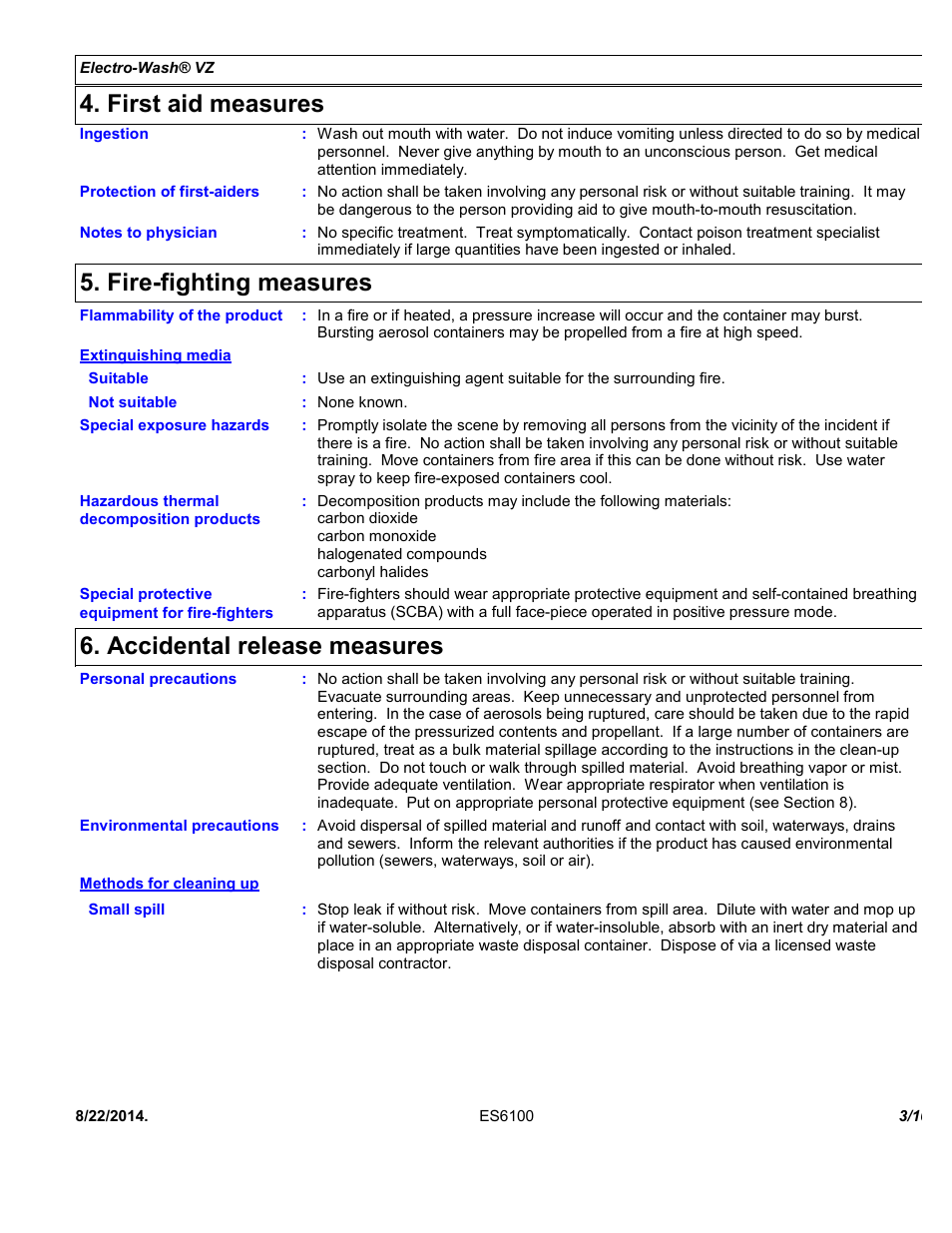 First aid measures, Fire-fighting measures, Accidental release measures | Chemtronics Electro-Wash VZ ES6100 User Manual | Page 3 / 10