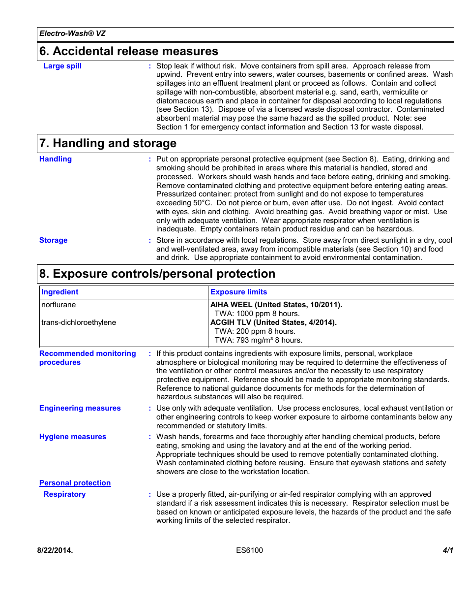 Accidental release measures, Handling and storage, Exposure controls/personal protection | Chemtronics Electro-Wash VZ ES6100 User Manual | Page 4 / 10