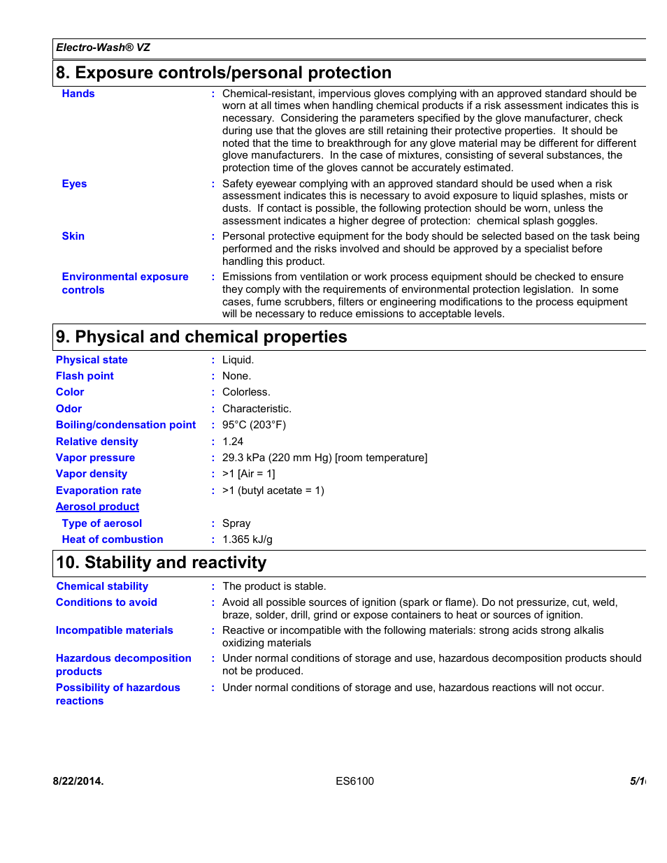 Exposure controls/personal protection, Physical and chemical properties, Stability and reactivity | Chemtronics Electro-Wash VZ ES6100 User Manual | Page 5 / 10