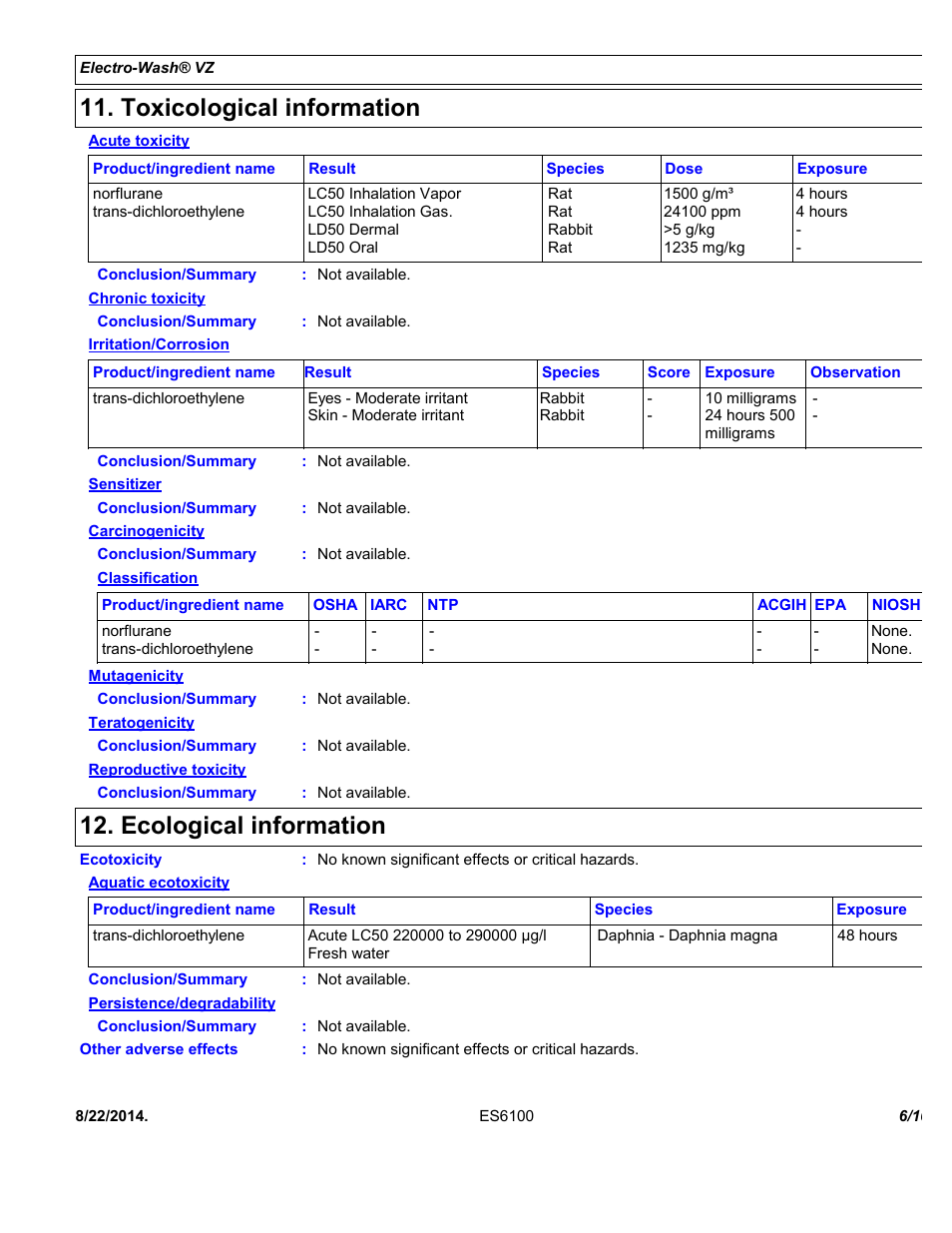 Toxicological information, Ecological information | Chemtronics Electro-Wash VZ ES6100 User Manual | Page 6 / 10