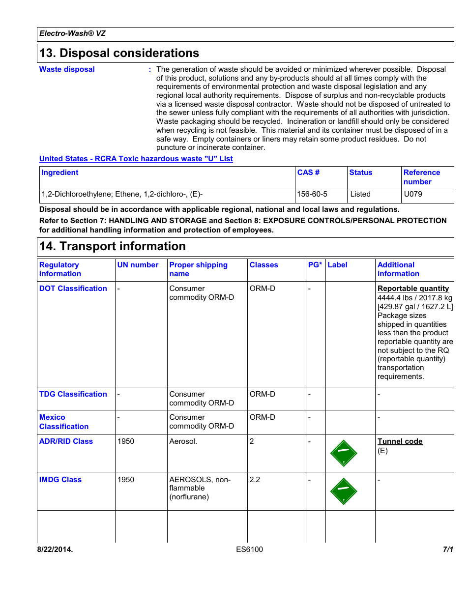 Disposal considerations, Transport information | Chemtronics Electro-Wash VZ ES6100 User Manual | Page 7 / 10