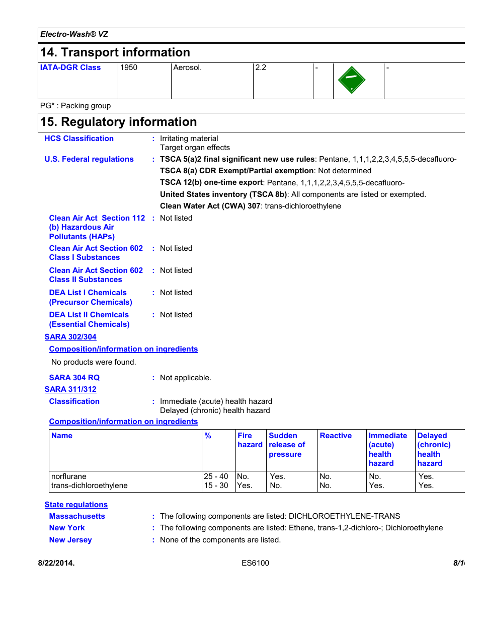 Transport information, Regulatory information | Chemtronics Electro-Wash VZ ES6100 User Manual | Page 8 / 10