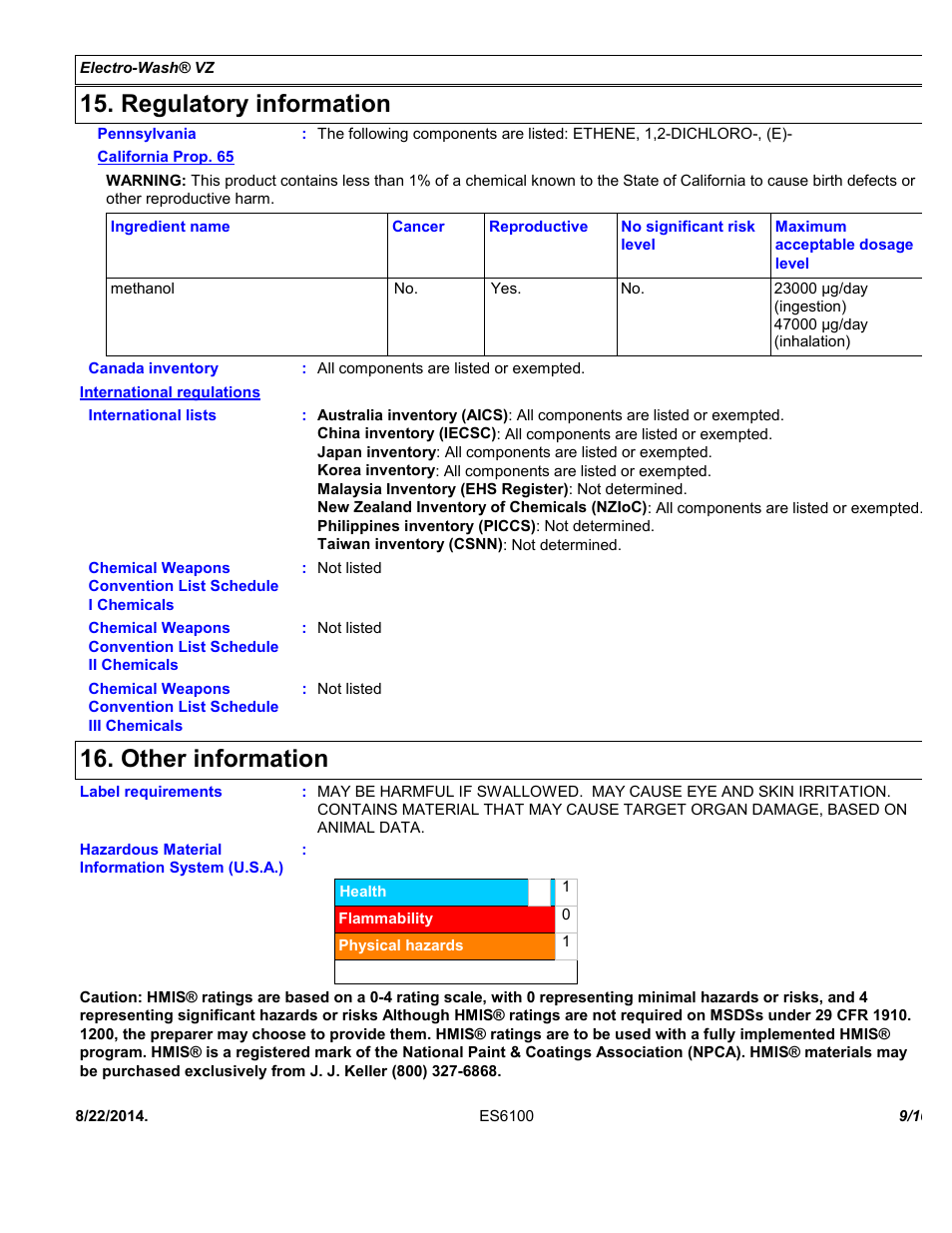 Regulatory information, Other information | Chemtronics Electro-Wash VZ ES6100 User Manual | Page 9 / 10