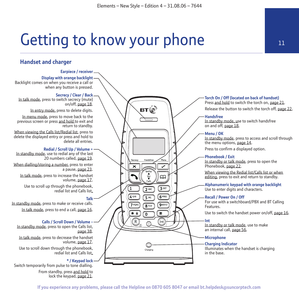 Getting to know your phone, Handset and charger | BT Digital Cordless Telephone User Manual | Page 11 / 72
