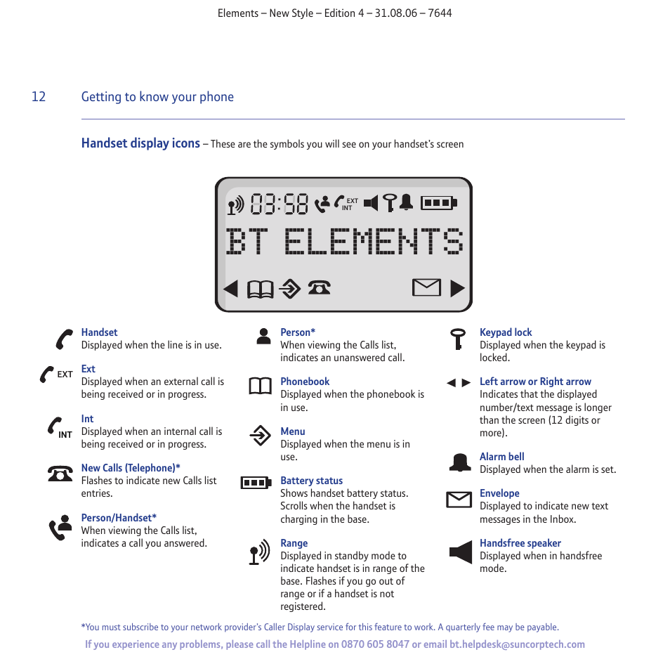 Bt elements, Getting to know your phone handset display icons | BT Digital Cordless Telephone User Manual | Page 12 / 72