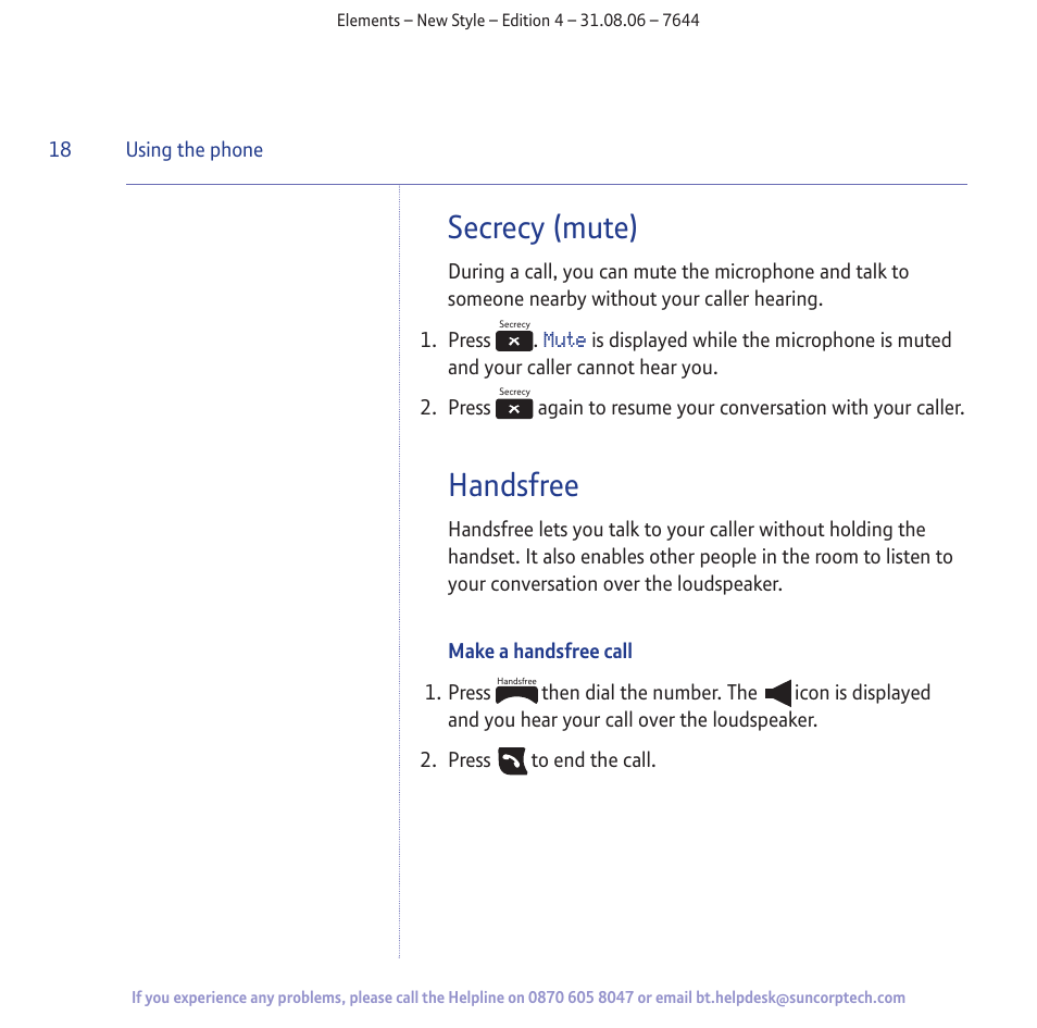 Secrecy (mute), Handsfree | BT Digital Cordless Telephone User Manual | Page 18 / 72