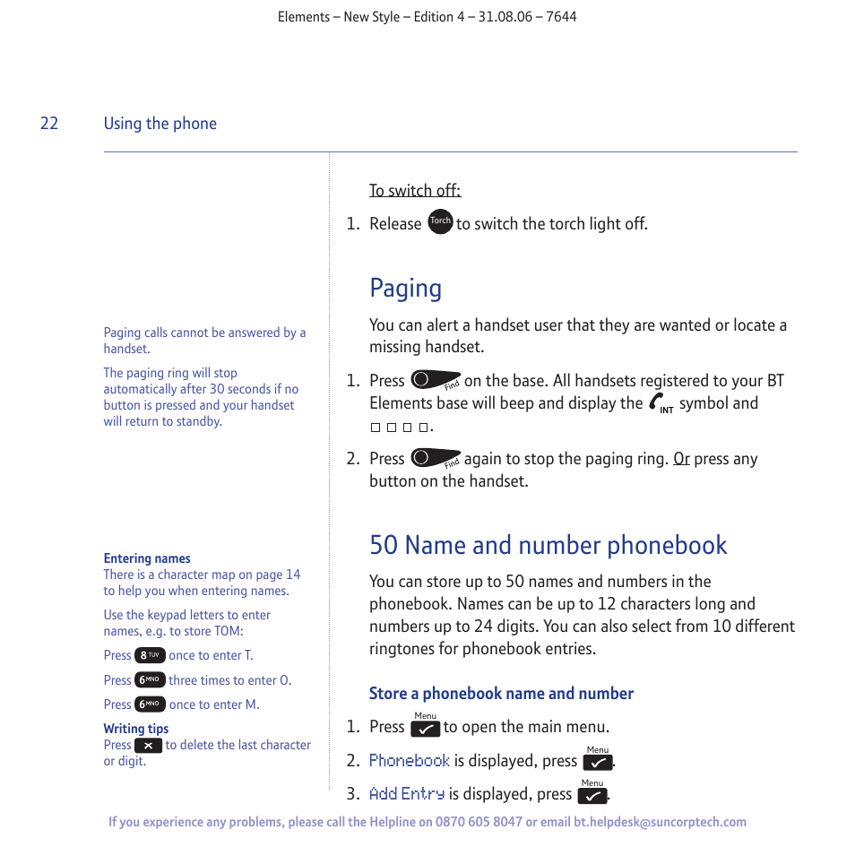 Paging, 50 name and number phonebook | BT Digital Cordless Telephone User Manual | Page 22 / 72