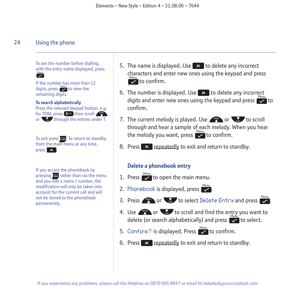 Phonebook, Delete entry, Confirm | BT Digital Cordless Telephone User Manual | Page 24 / 72