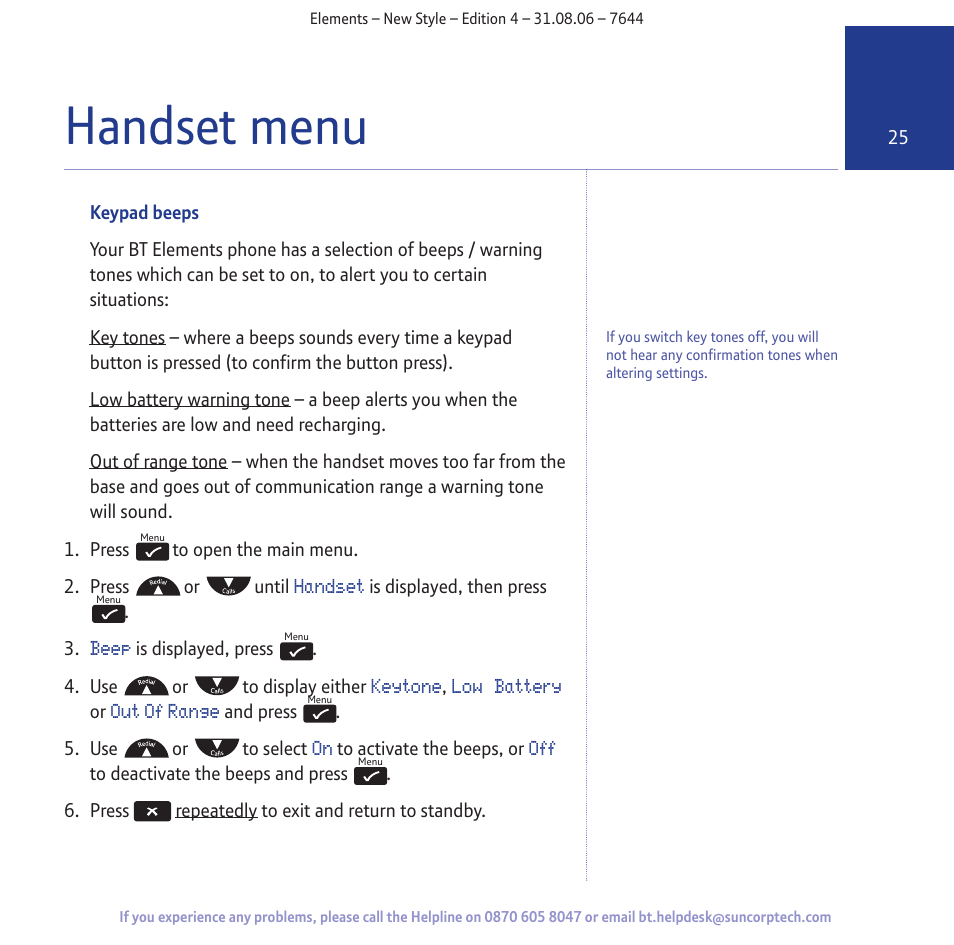 Handset menu | BT Digital Cordless Telephone User Manual | Page 25 / 72