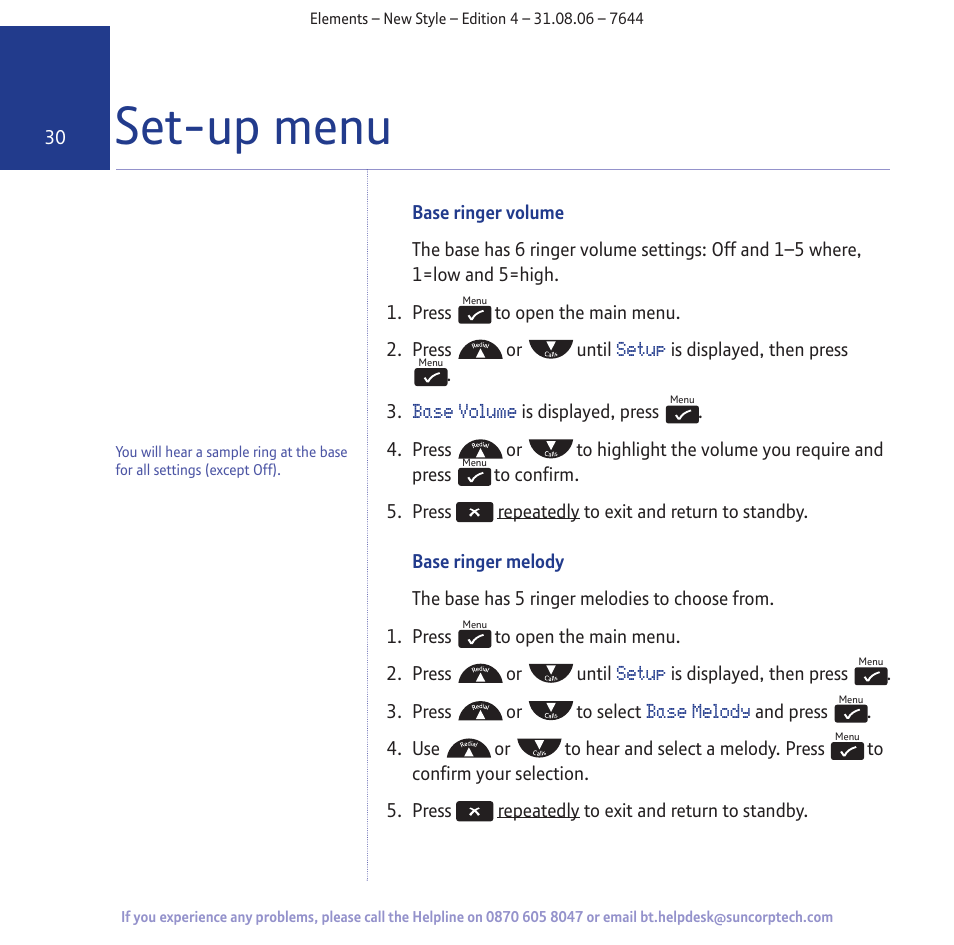 Set-up menu | BT Digital Cordless Telephone User Manual | Page 30 / 72