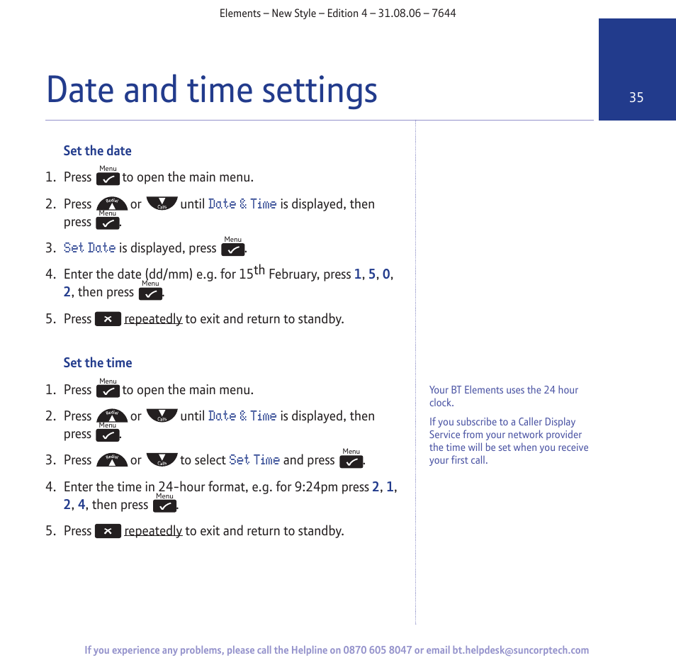 Date and time settings | BT Digital Cordless Telephone User Manual | Page 35 / 72