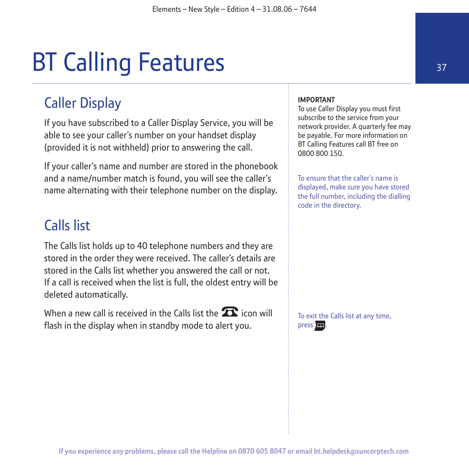 Bt calling features, Caller display, Calls list | BT Digital Cordless Telephone User Manual | Page 37 / 72