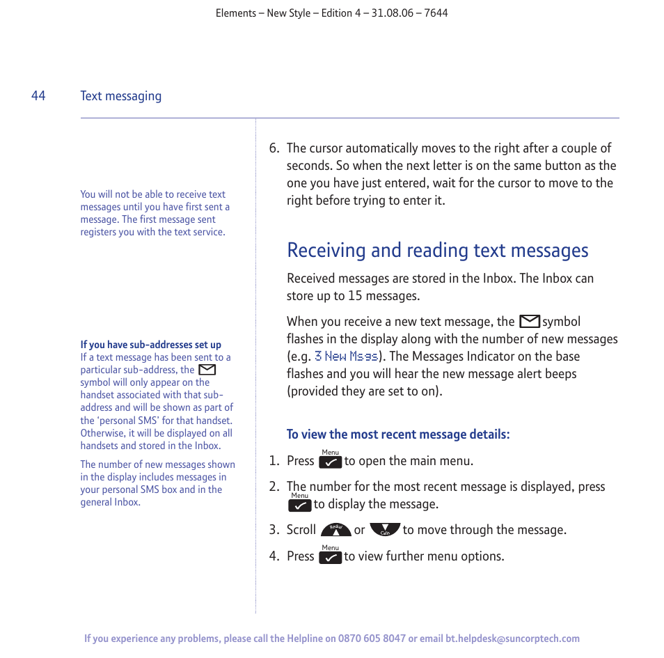 Receiving and reading text messages | BT Digital Cordless Telephone User Manual | Page 44 / 72