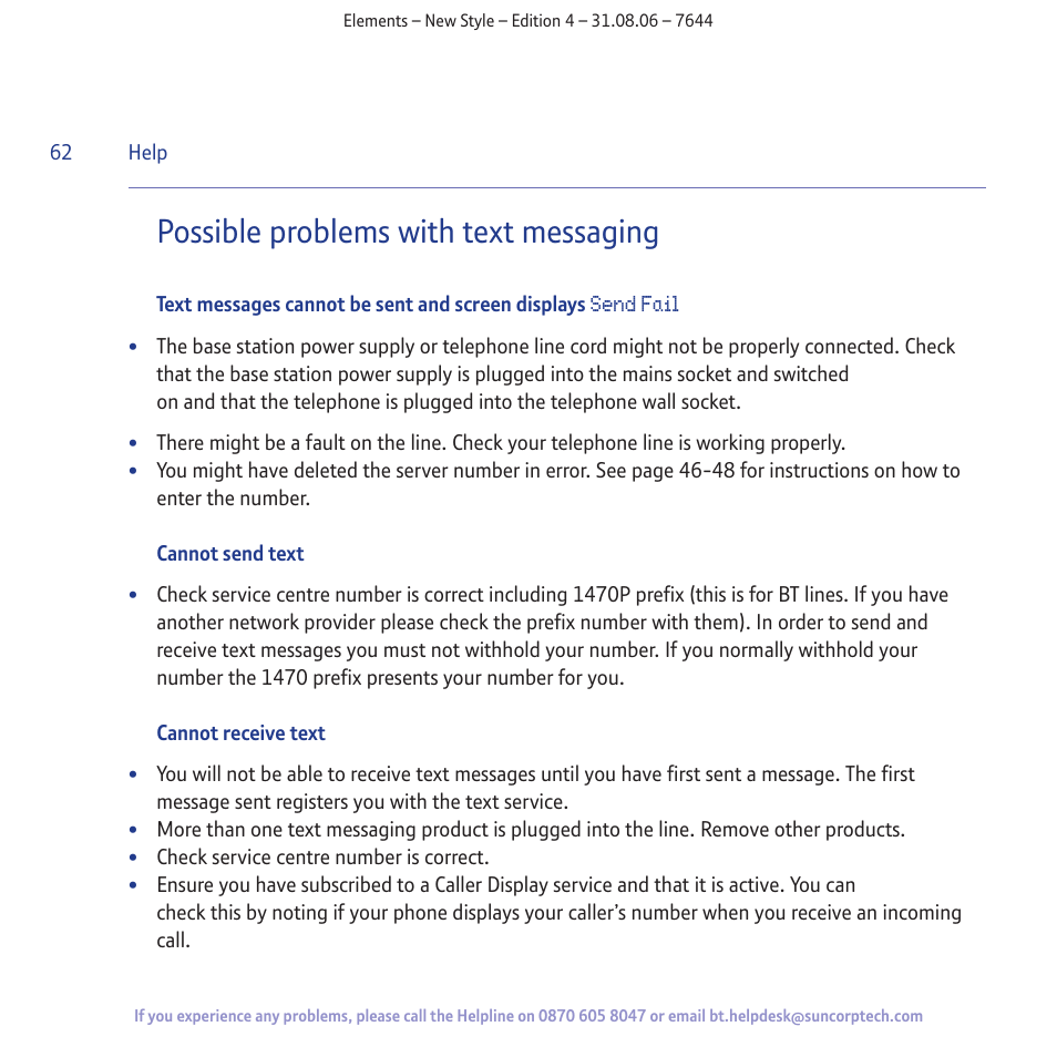 Possible problems with text messaging | BT Digital Cordless Telephone User Manual | Page 62 / 72